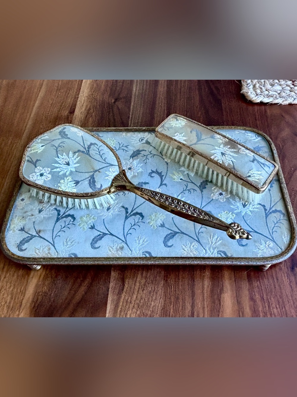 Vintage Mid Century 3pc Vanity Set Hairbrush Clothes Brush Tray Blue Floral Gold